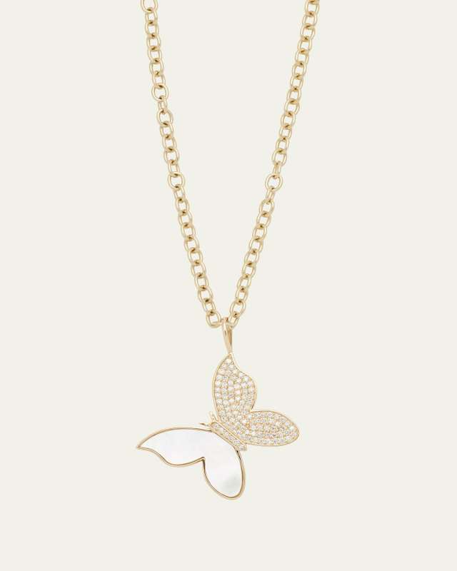 14K Yellow Gold Large Butterfly Charm Necklace with Pearl Inlay and Diamonds